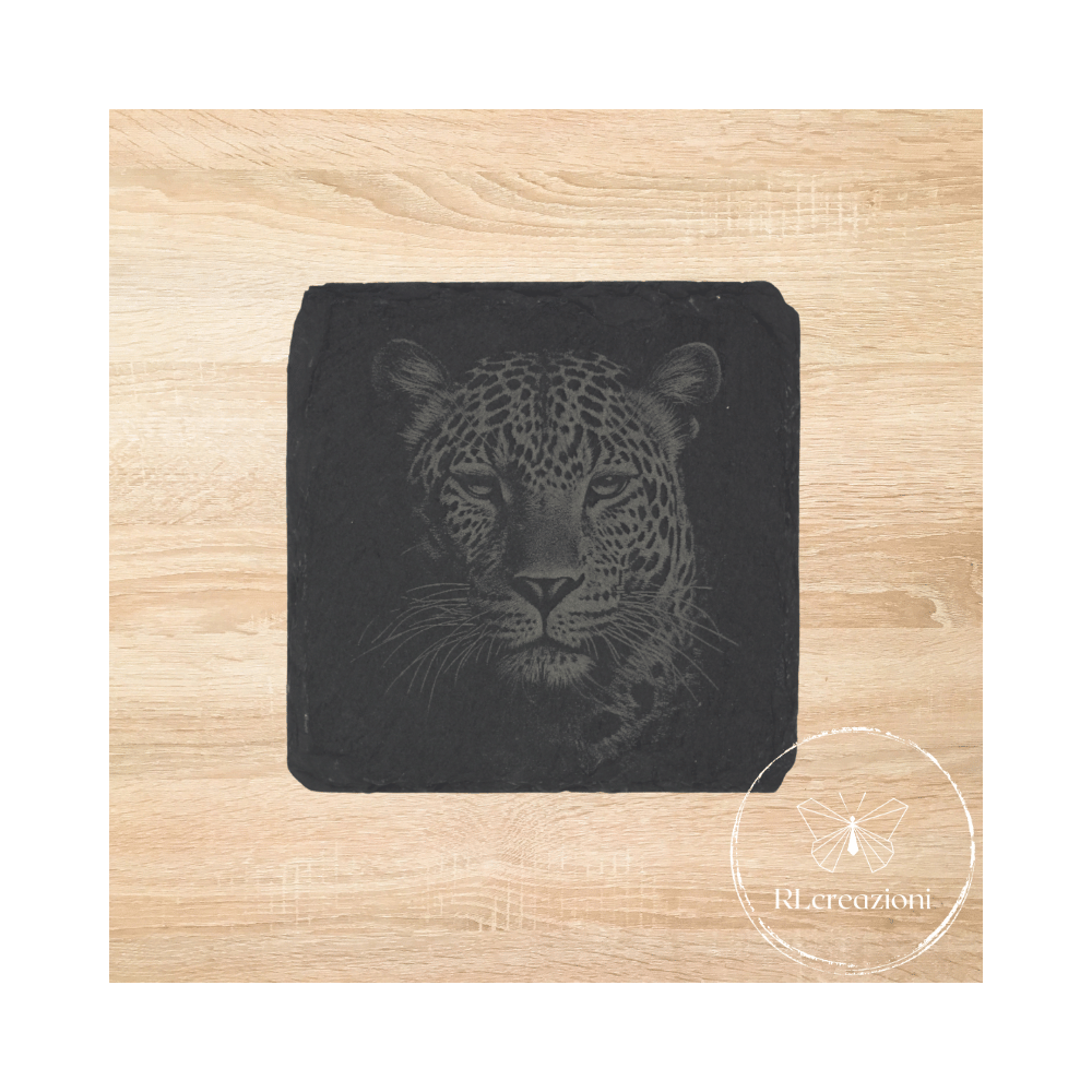 sottobicchiere in ardesia con incisione laser Leopardo sottobicchiere in ardesia con incisione laser Leopardo