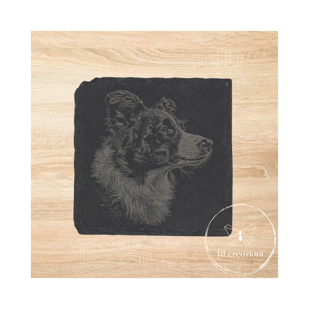 Sous-verre en ardoise avec chien Border Collie gravé au laser Sous-verre en ardoise avec chien Border Collie gravé au laser