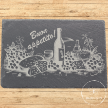 planche à découper en ardoise avec gravure laser fromage, vin, bon appétit