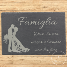 Planche à découper en ardoise noire "La famille, là où la vie commence et où l'amour ne s'arrête jamais".