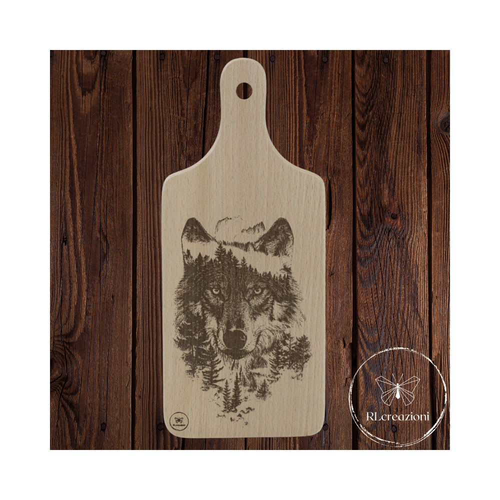 Planche à découper en hêtre naturel avec gravure laser loup