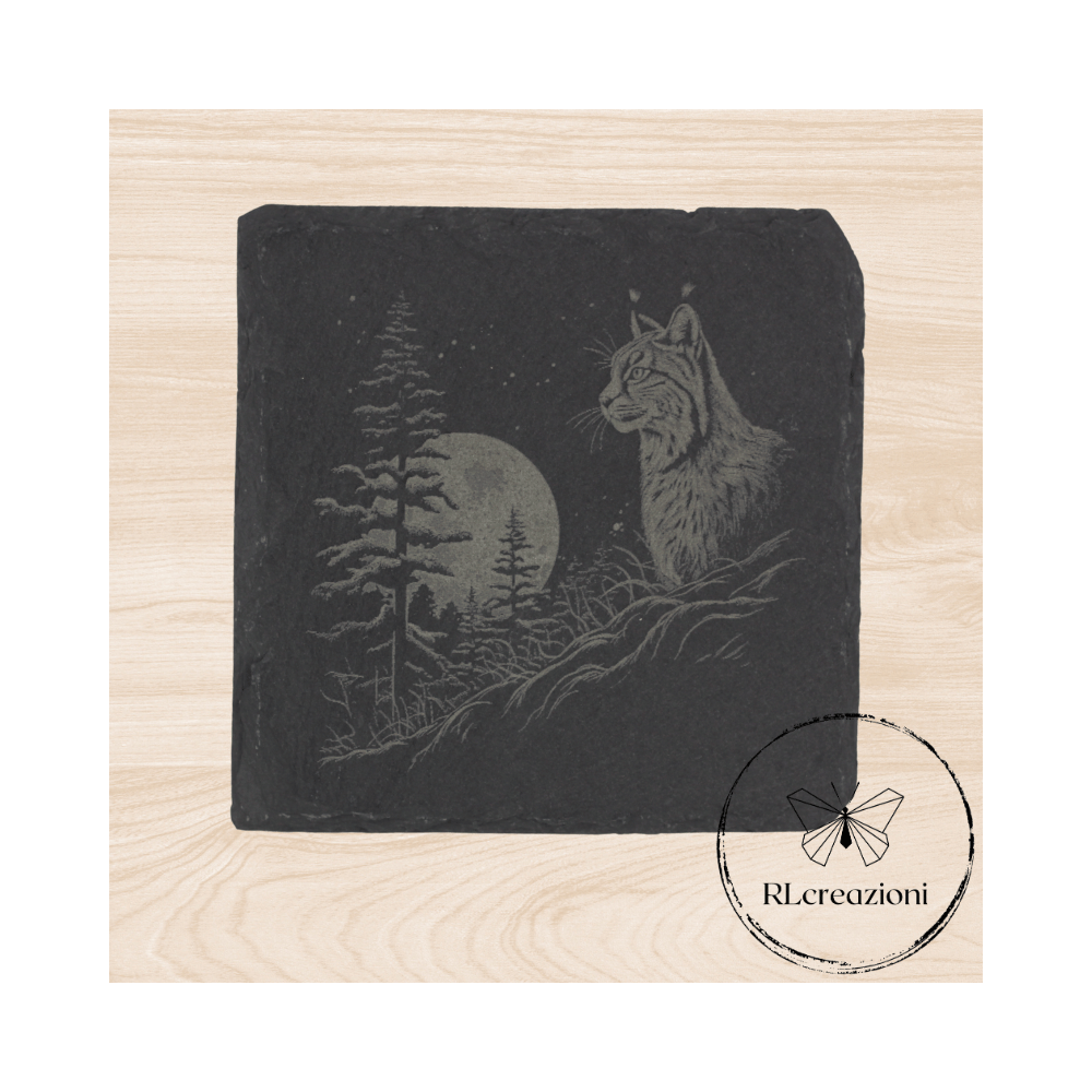 Sous-verre en ardoise avec gravure laser Lynx. Personnalisé à partir de six pièces Sous-verre en ardoise avec gravure laser Lynx. Personnalisé à partir de six pièces