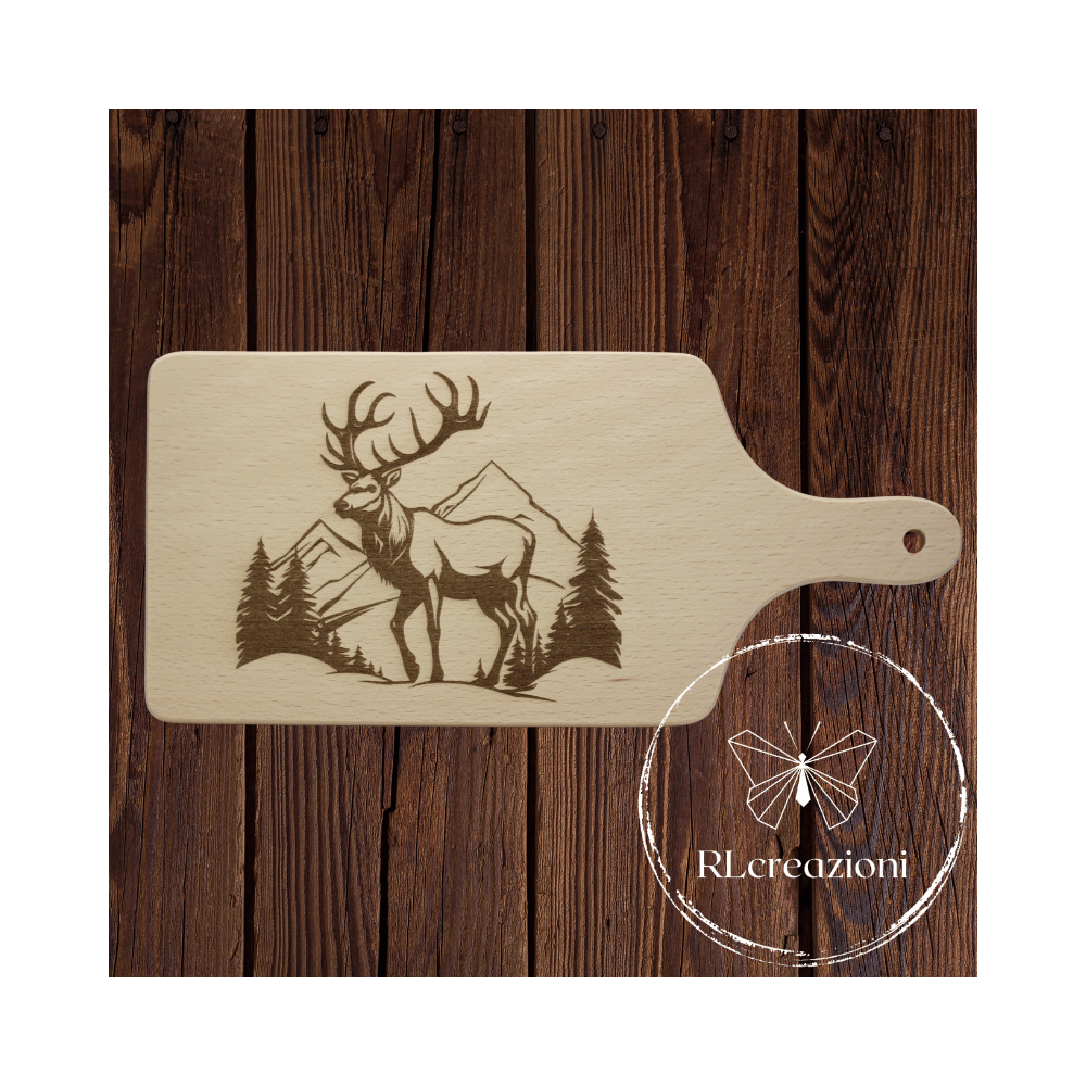 Planche à découper en bois de hêtre naturel avec gravure laser. Cerf avec montagnes. Personnalisation sur demande Planche à découper en bois de hêtre naturel avec gravure laser. Cerf avec montagnes. Personnalisation sur demande