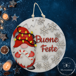 Couronne de Noël Gnome peinte à l'aérographe. Gnome et flocons de neige