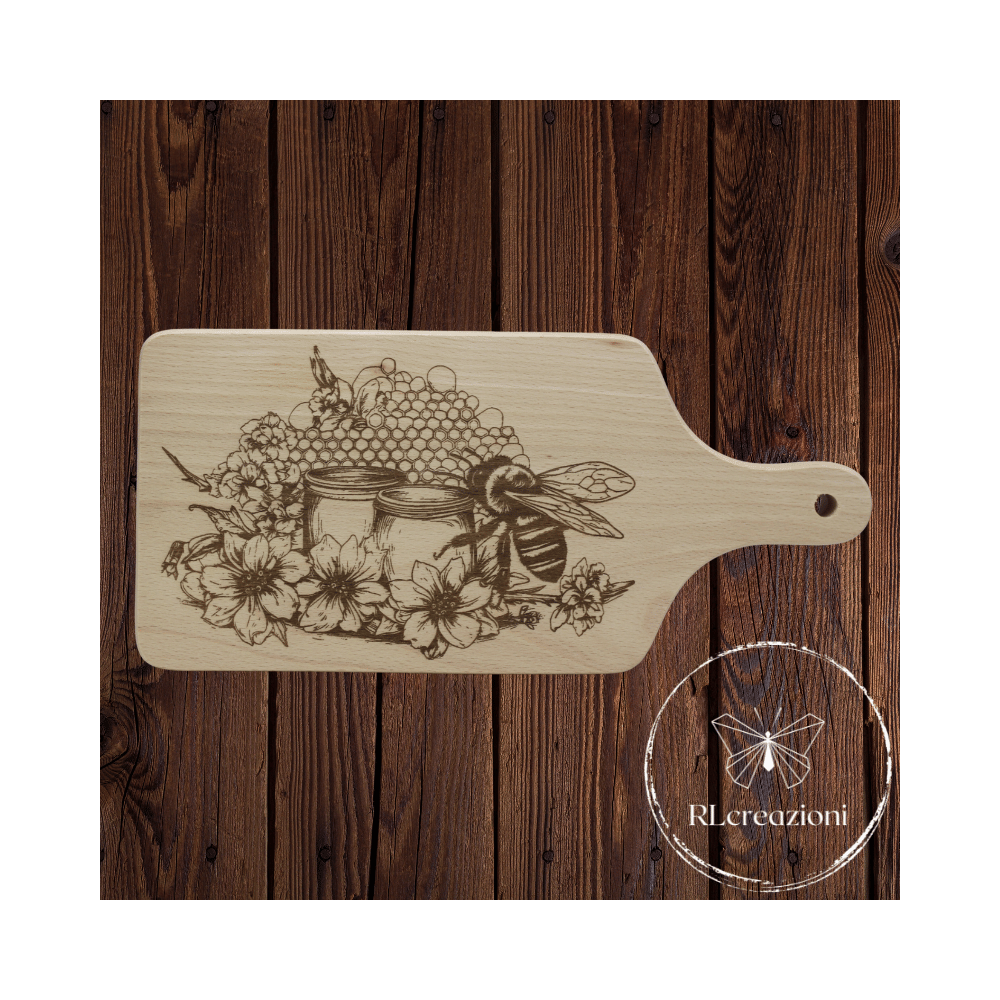 tagliere con incisione laser "miele e ape". Personalizzato su richiesta