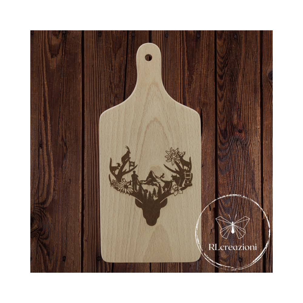 tagliere con incisione laser "cervo stilizzato con paesaggio". Personalizzato su richiesta