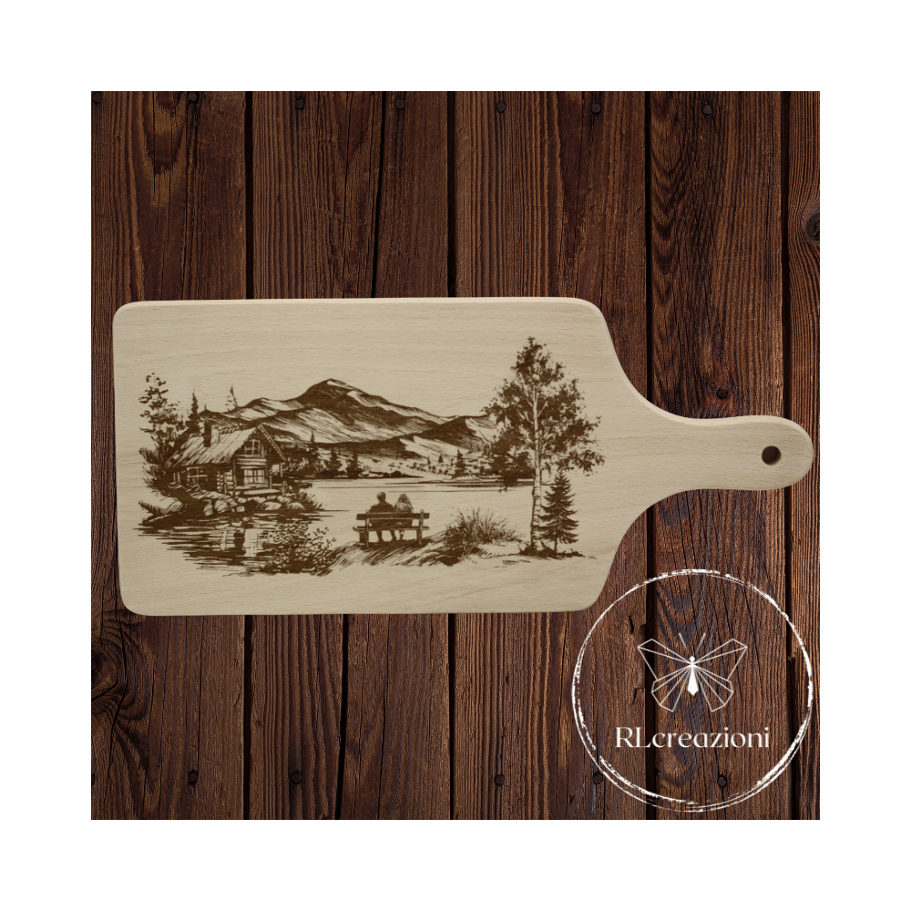 tagliere con incisione laser "Lago". Personalizzato su richiesta