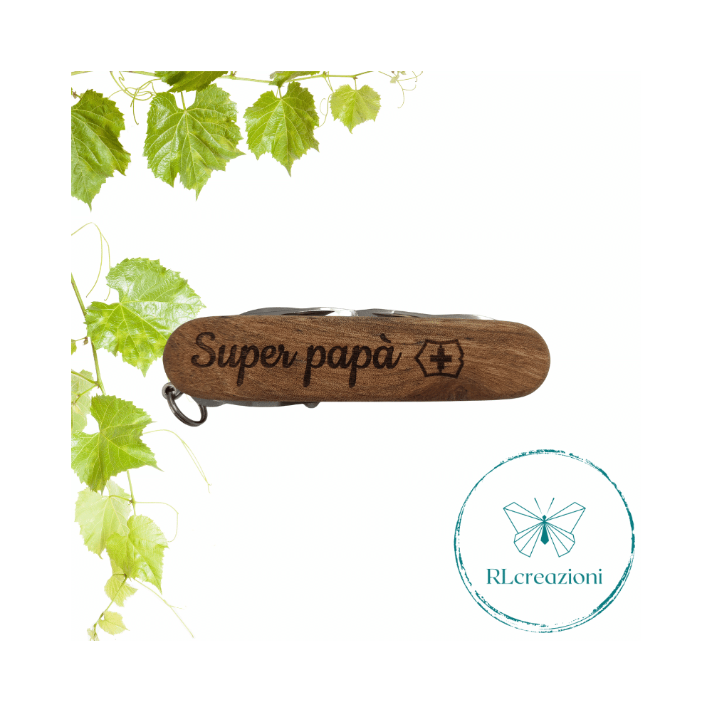 Victorinox Huntsman Wood con incisione laser. 13 funzioni. Personalizzato su richiesta. "Super papà"