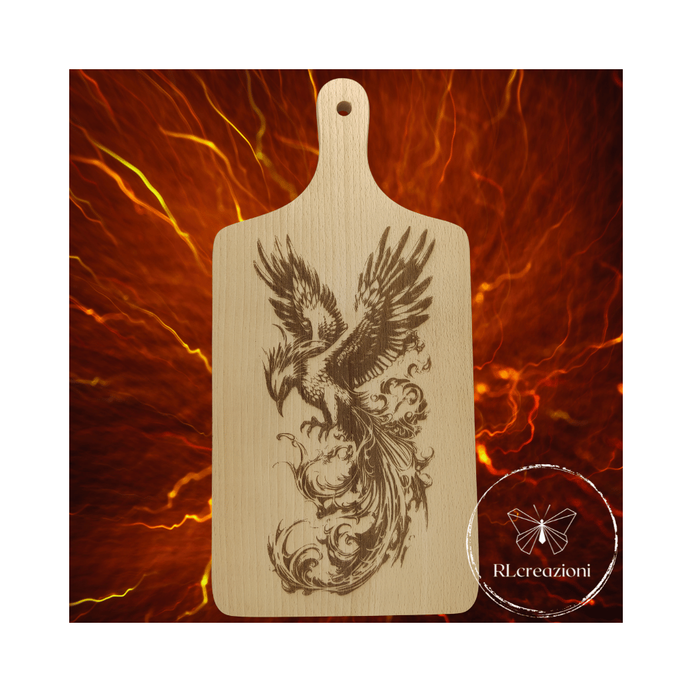 planche à découper en bois de hêtre avec gravure laser. La Fenice. Personnalisée sur demande.