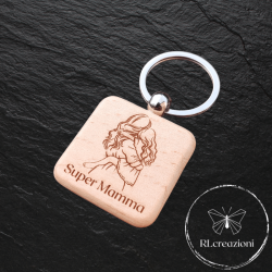 Porte-clés carré en bois avec gravure laser « Super Mamma »