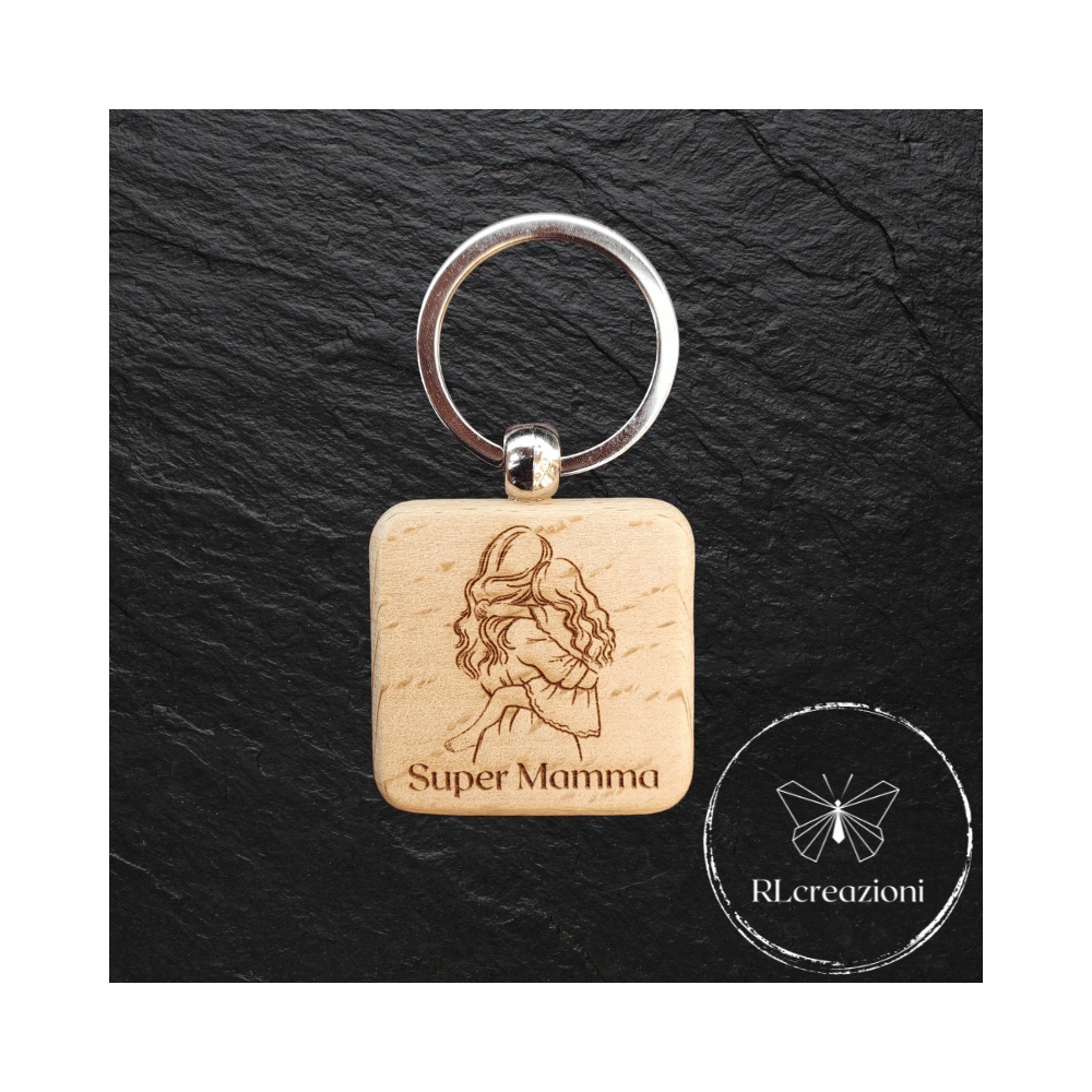 porte-clés en bois avec gravure laser. Super Mamma. Personnalisables. Idéaux comme gadgets d'entreprise.