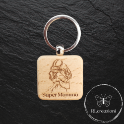 portachiavi in legno con incisione laser. Super Mamma. Personalizzabili. Ideali come gadget aziendali