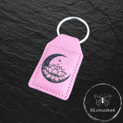 Porte-clés en simili cuir rose avec gravure laser « Fleur de lotus et lune »