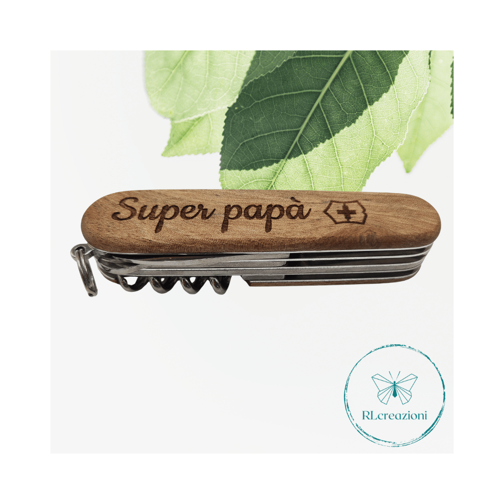 Victorinox Huntsman Wood con incisione laser. 13 funzioni. Personalizzato su richiesta. "Super papà"