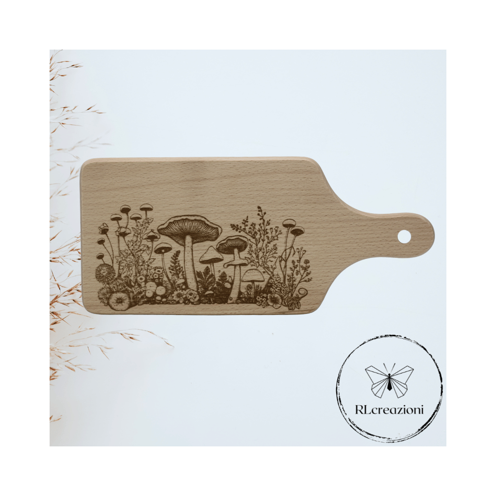 tagliere in legno di faggio con incisione laser.Funghi. Personalizzato su richiesta