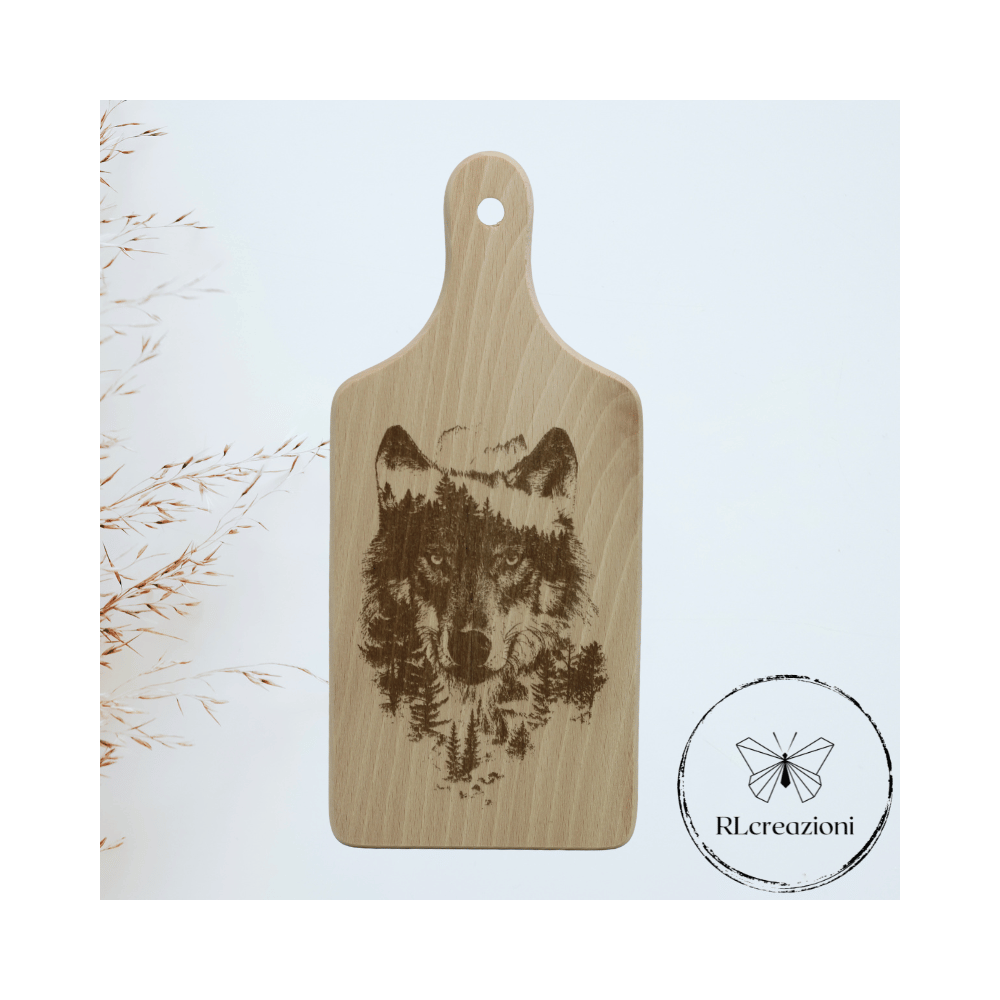tagliere in legno di faggio con incisione laser. Lupo. Personalizzato su richiesta