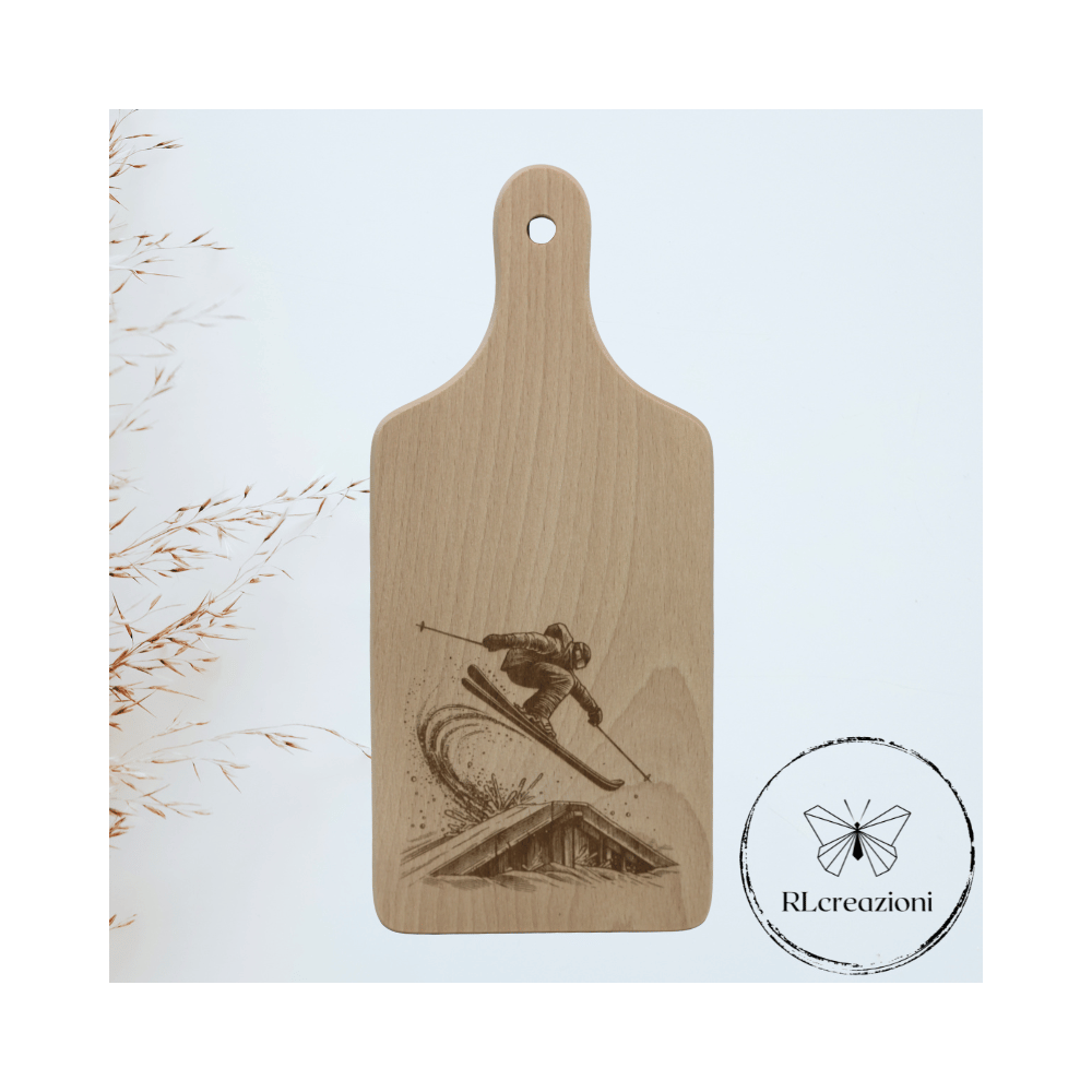 tagliere in legno di faggio con incisione laser. Sciatore. Personalizzato su richiesta