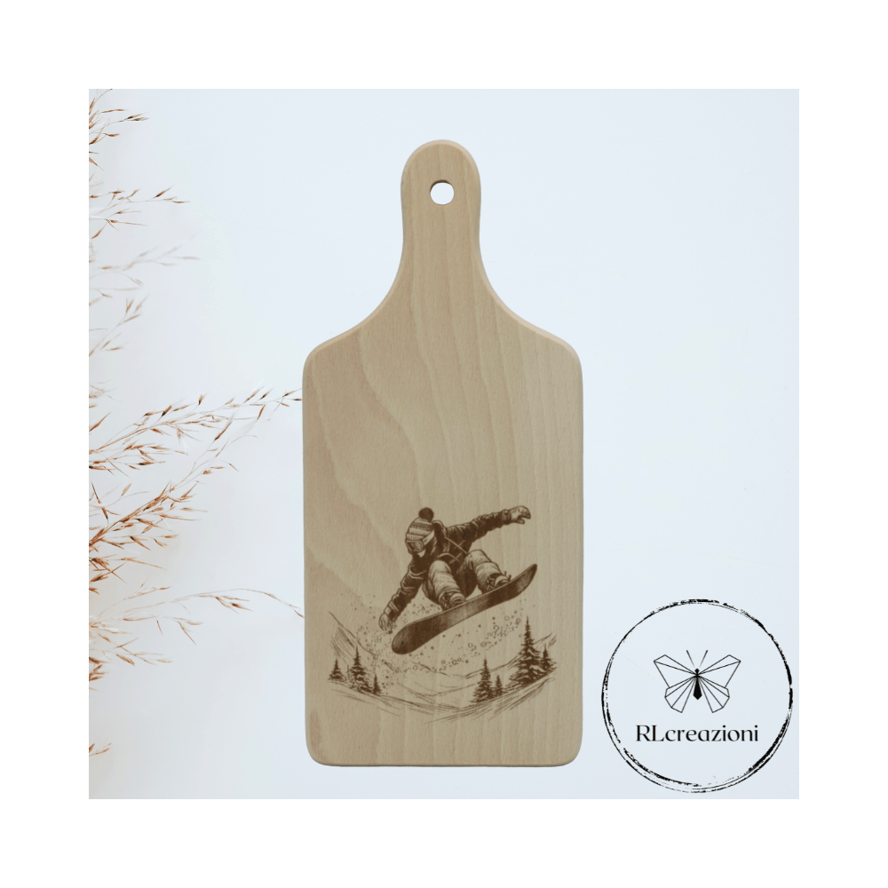Planche à découper en hêtre avec gravure au laser. Snowboard. Personnalisée sur demande