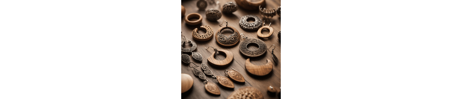 boucles d'oreilles en bois réalisées à la main avec gravure au laser, argent et acier